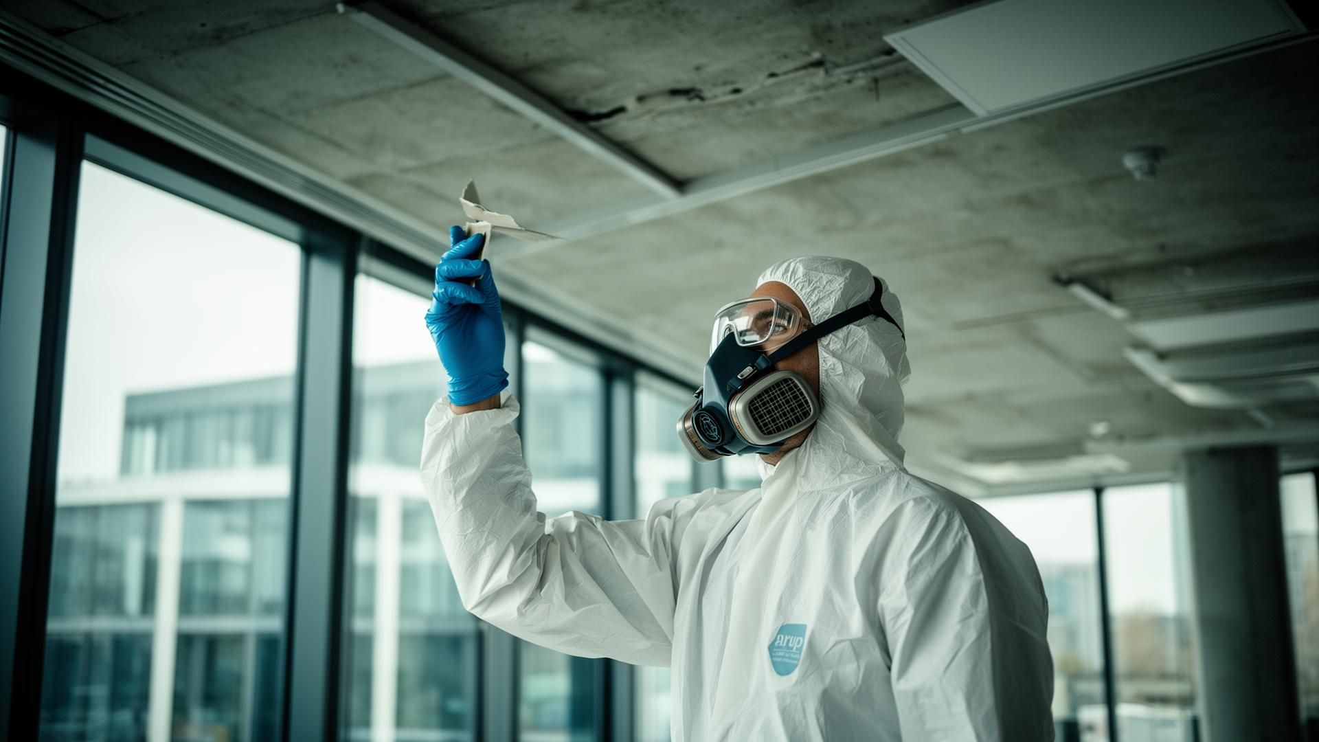 Asbestos surveyor in PPE inspecting ceiling materials in a modern London building