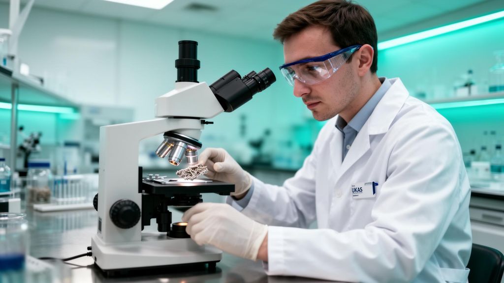 Laboratory analyst examining an asbestos fibre sample under a polarised light microscope